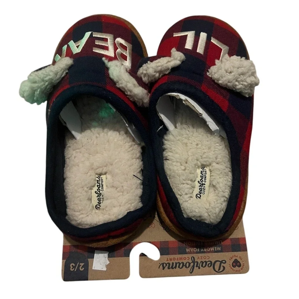 Dear Foams Lil bear plaid slippers kid's size 2/3 New With Tags